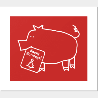 Minimalist White Line Cute Christmas Pig says Happy Holidays Posters and Art